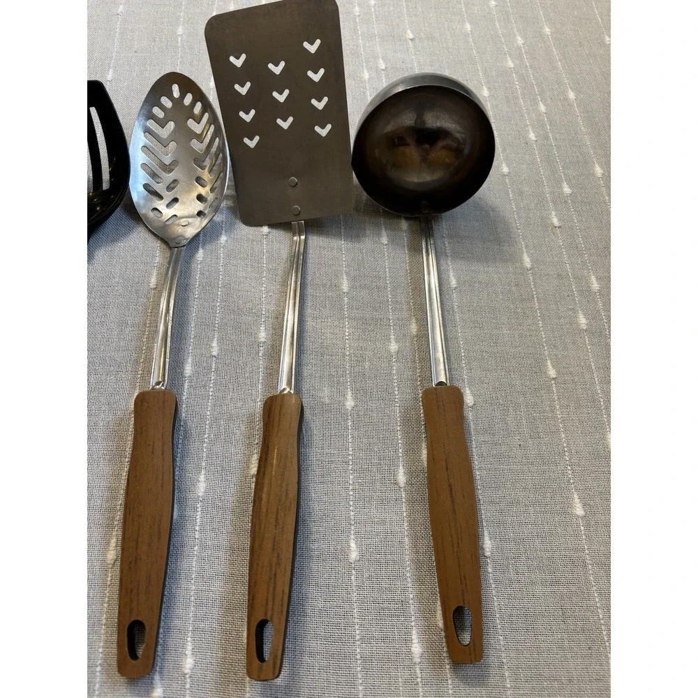 Vintage EKCO USA 5-Piece Stainless Steel Kitchen Utensil Set | Faux Wood MCM